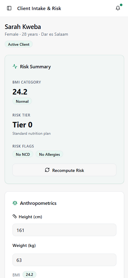 Client data and risk capture in Lishe Manager
