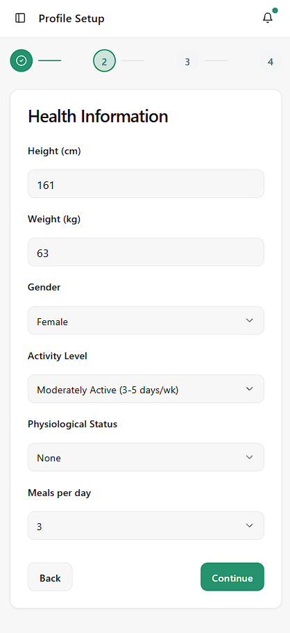 Lishe Planner profile setup