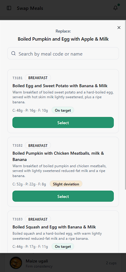 Lishe Planner meal swap feature